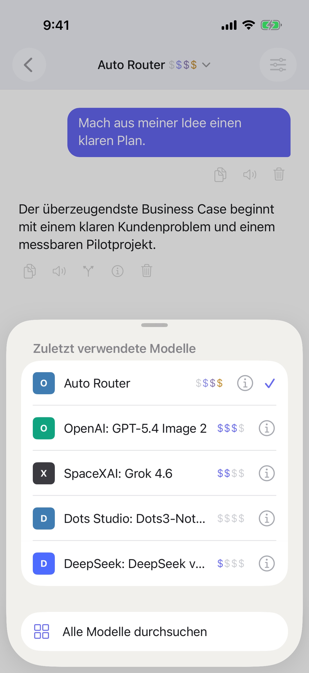 Auswahl zuletzt verwendeter Modelle in RouterChat auf dem iPhone
