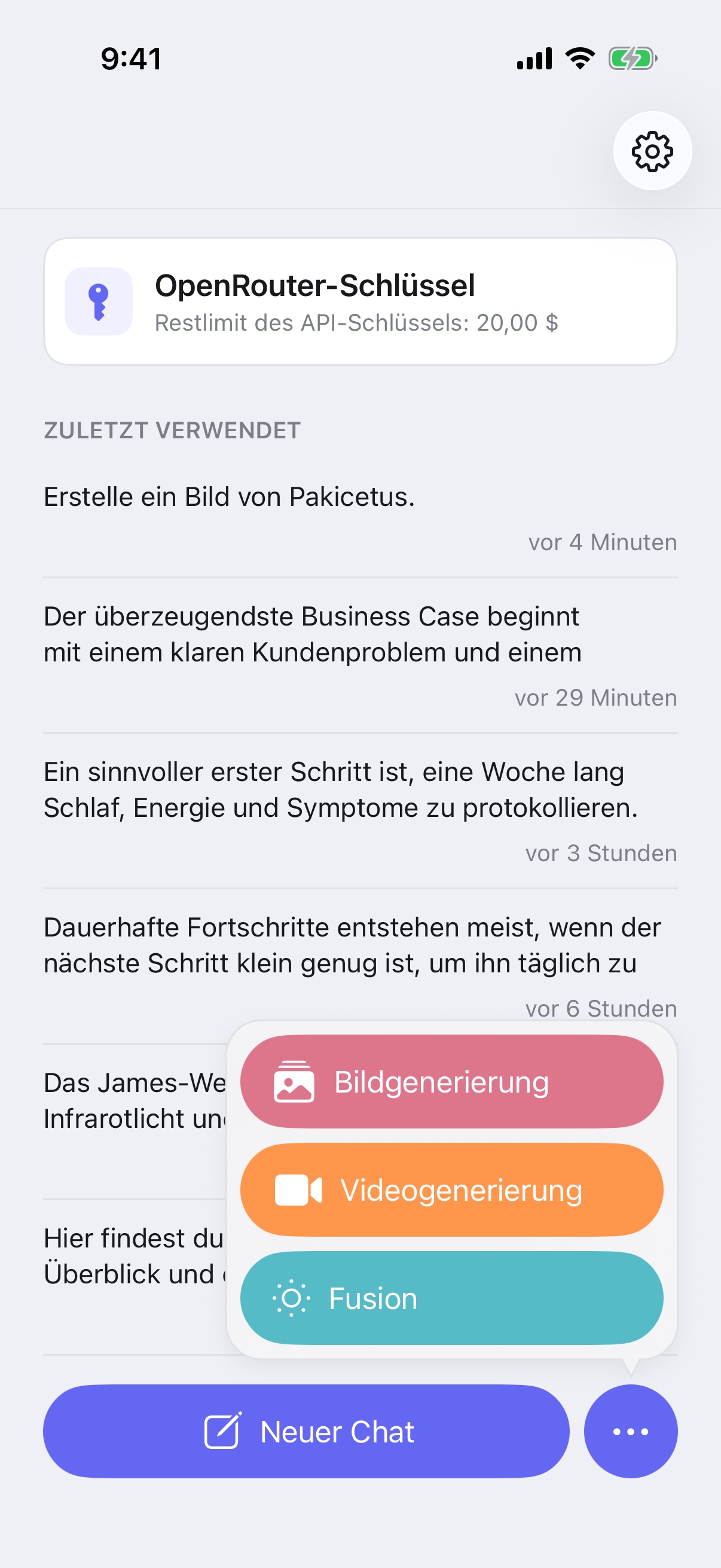 Menü „Neuer Chat“ in RouterChat mit Bildgenerierung, Videogenerierung und Fusion auf dem iPhone