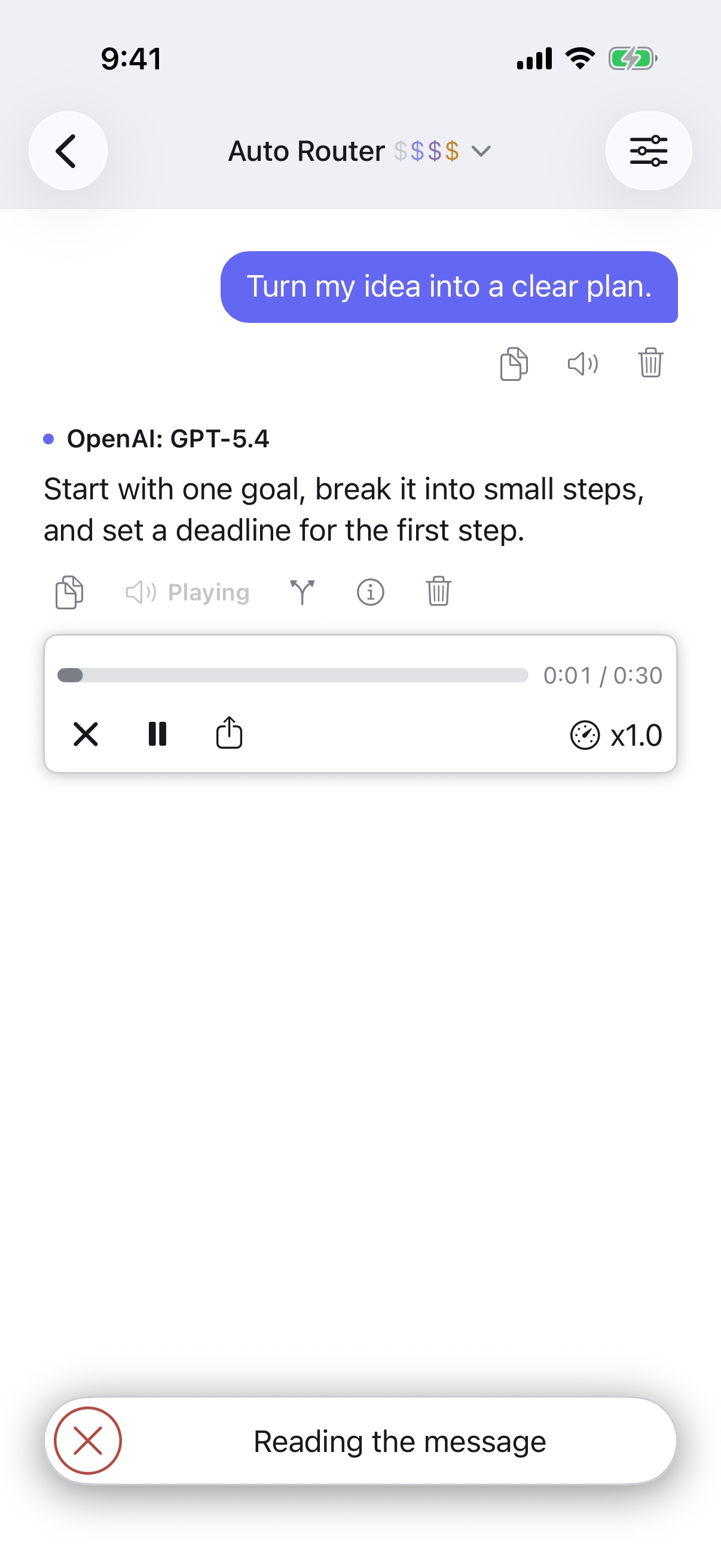 RouterChat reading a response aloud on iPhone