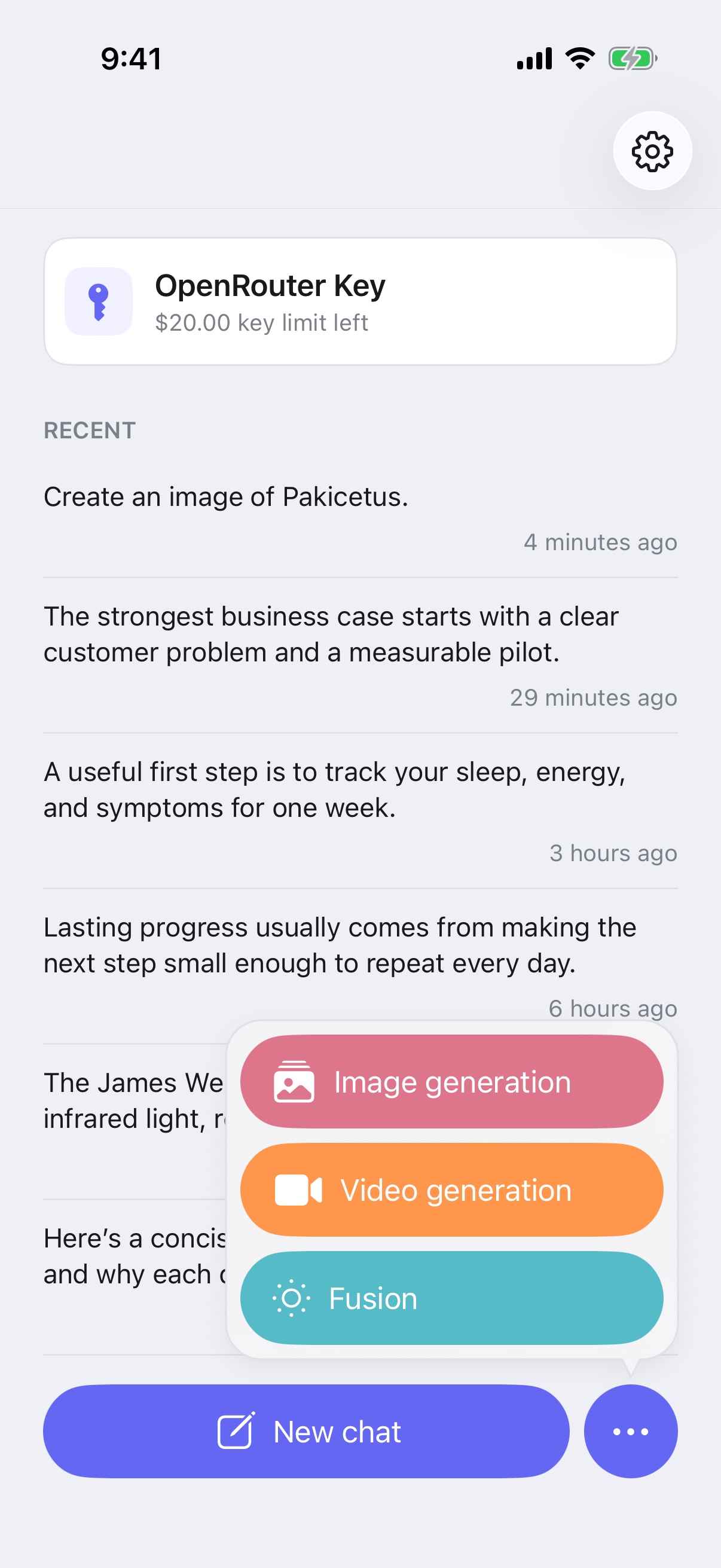 RouterChat New chat menu showing Image generation, Video generation, and Fusion modes on iPhone