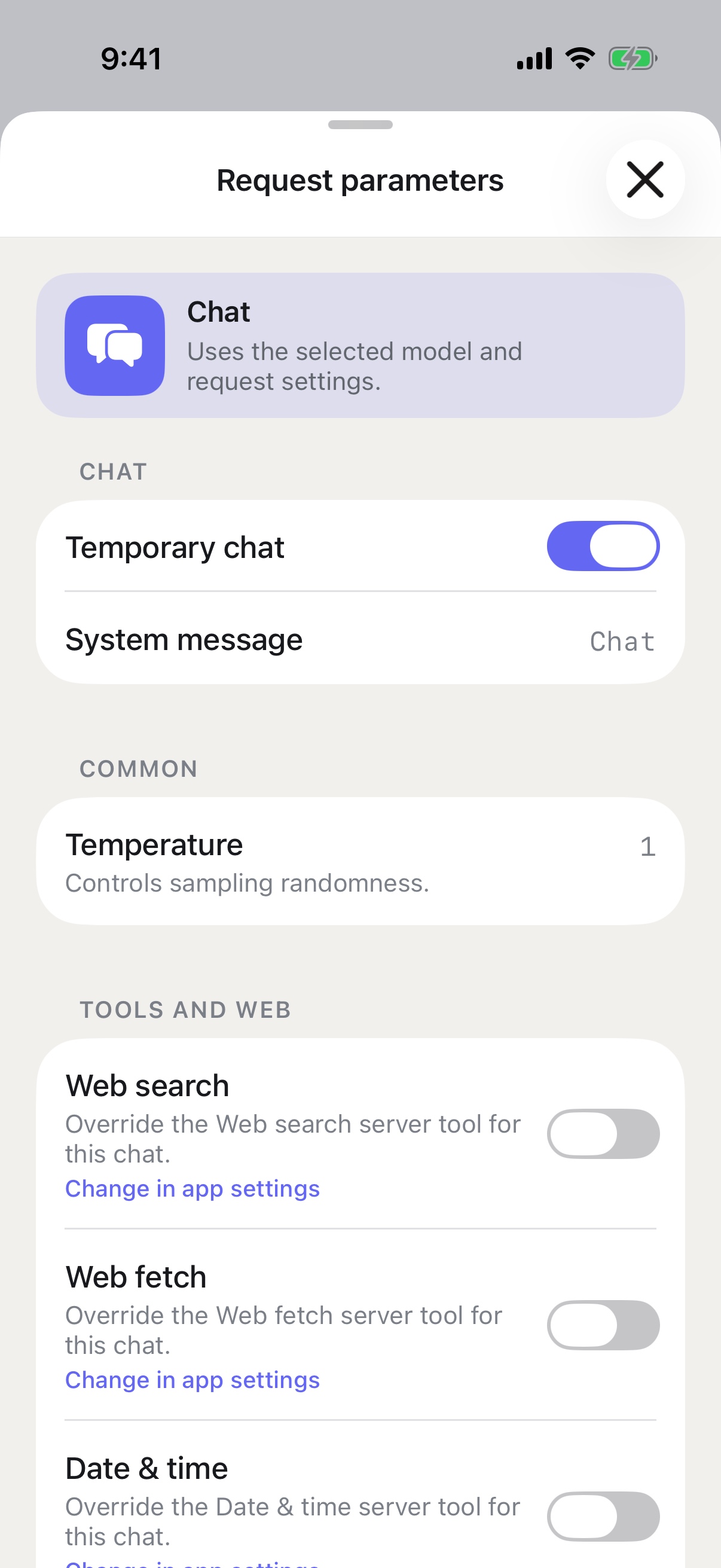 RouterChat request parameters on iPhone with Temporary chat enabled