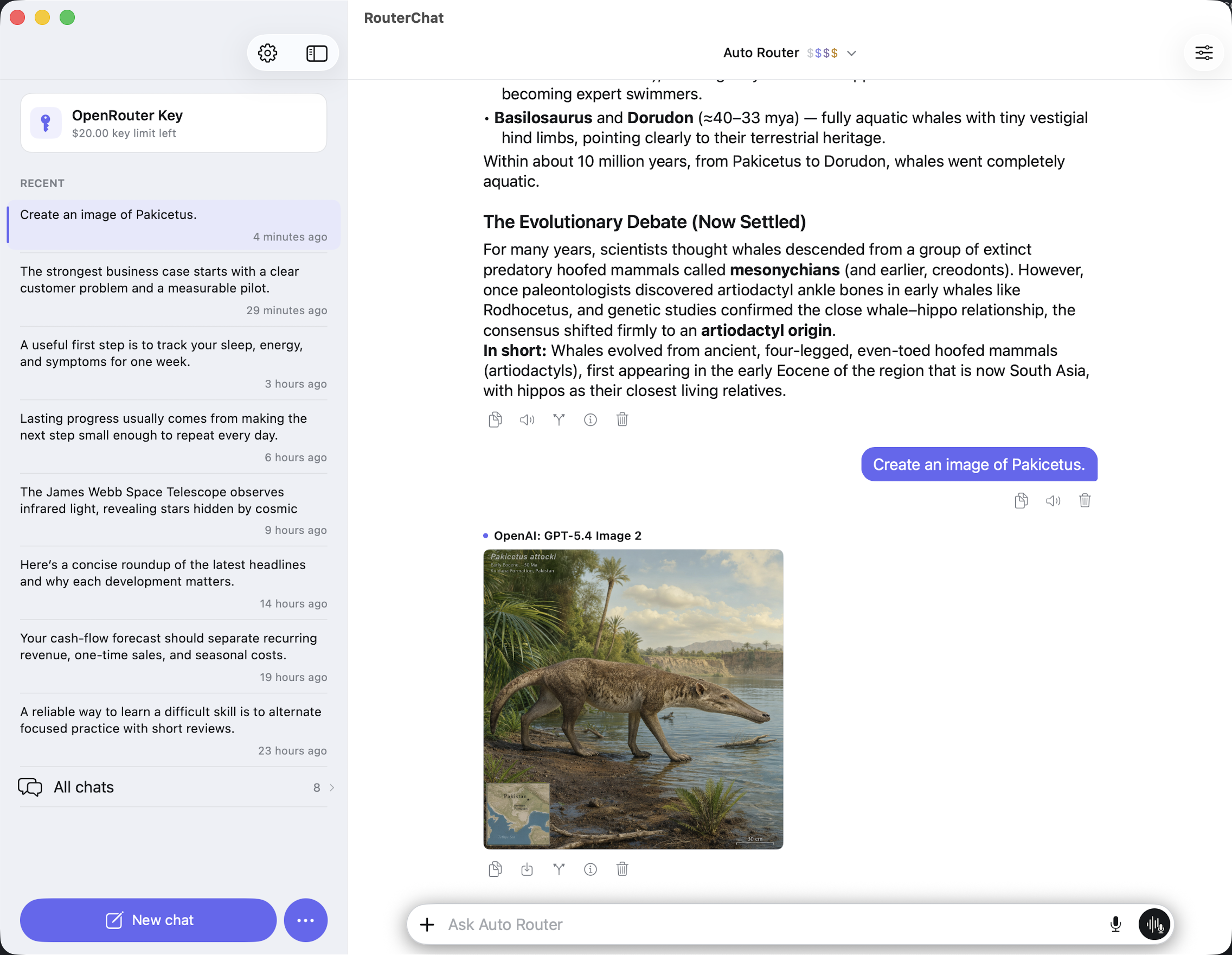 RouterChat conversation on Mac with recent chats and a generated image