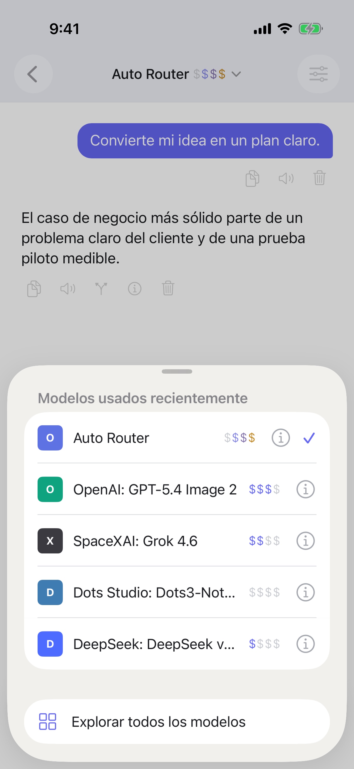 Selector de modelos recientes de RouterChat en el iPhone