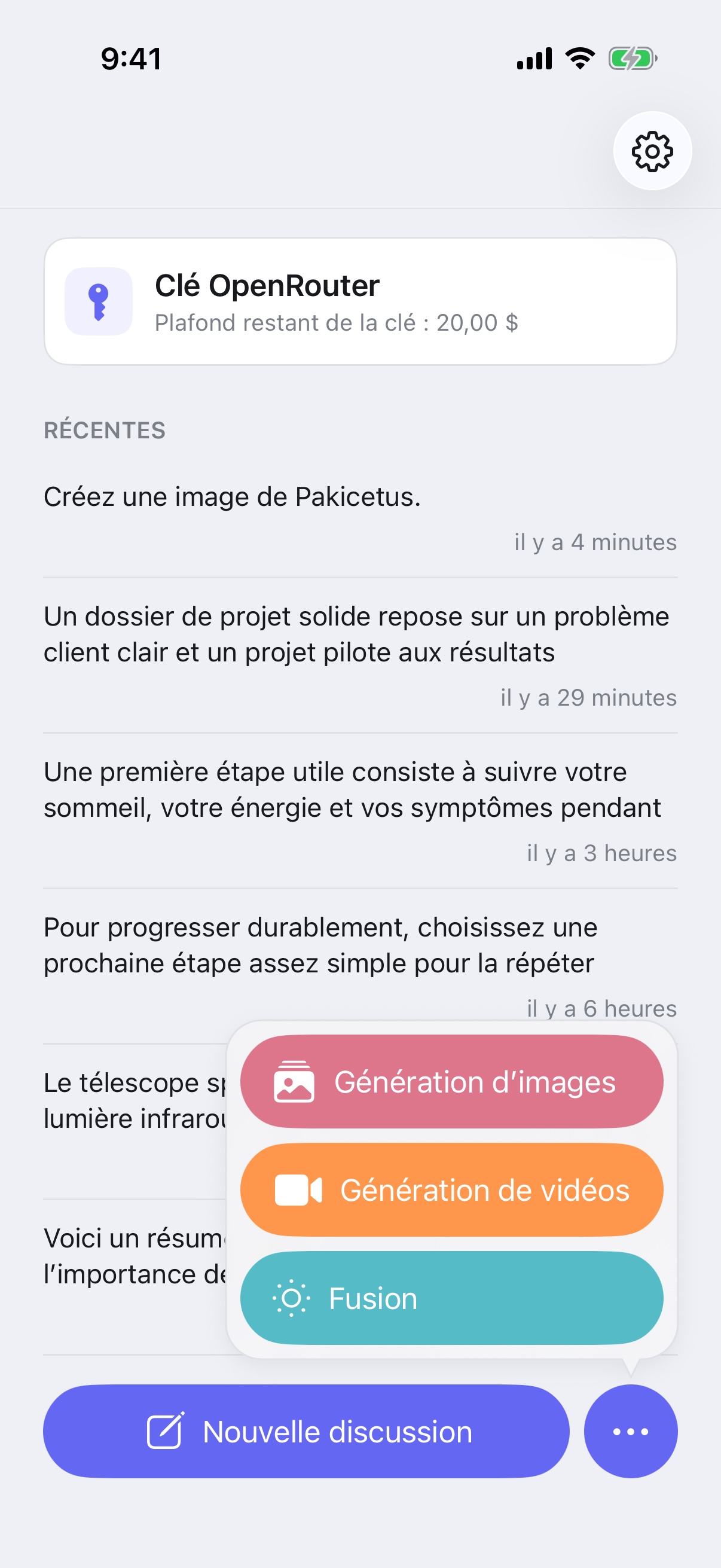 Menu « Nouveau chat » de RouterChat affichant les modes de génération d’images, de génération de vidéos et Fusion sur iPhone