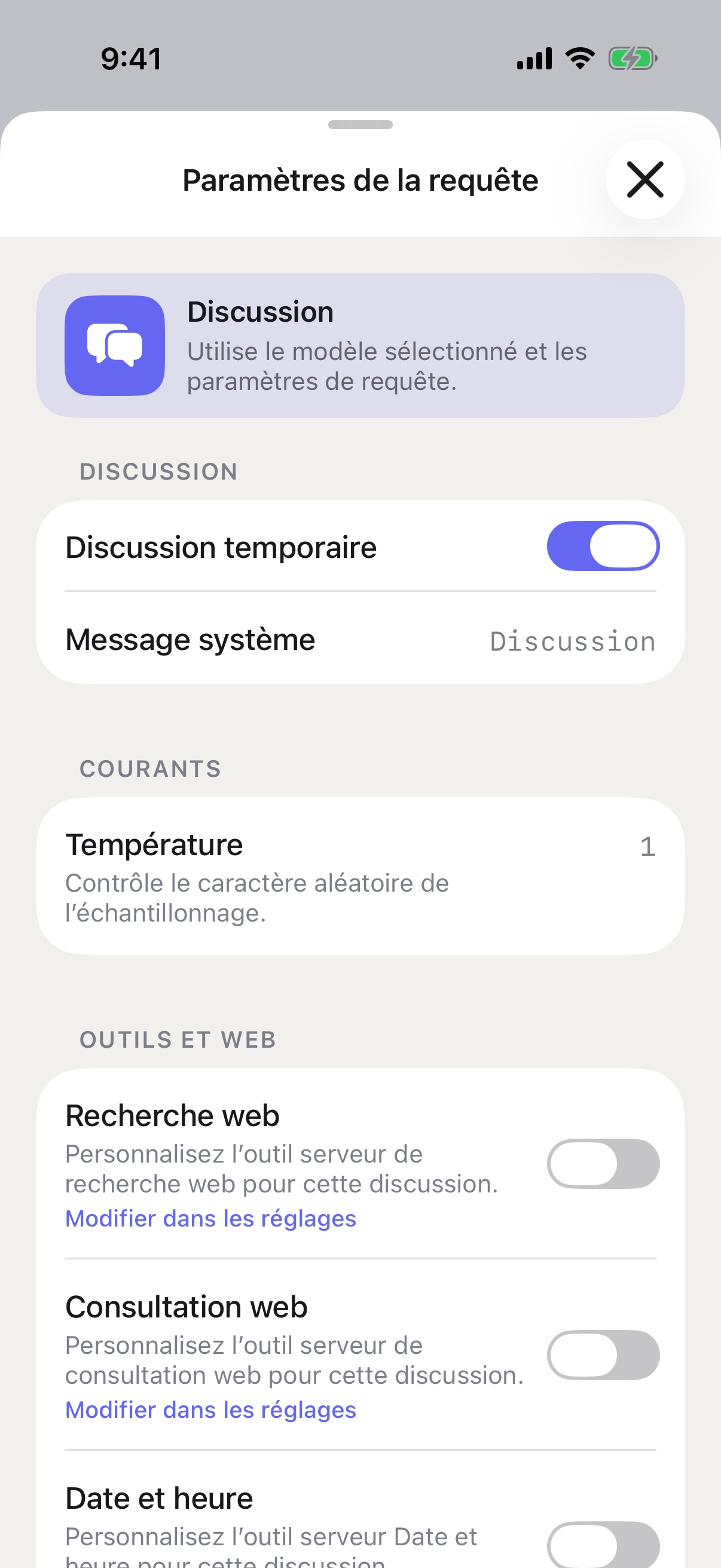 Paramètres de requête de RouterChat sur iPhone avec Chat temporaire activé