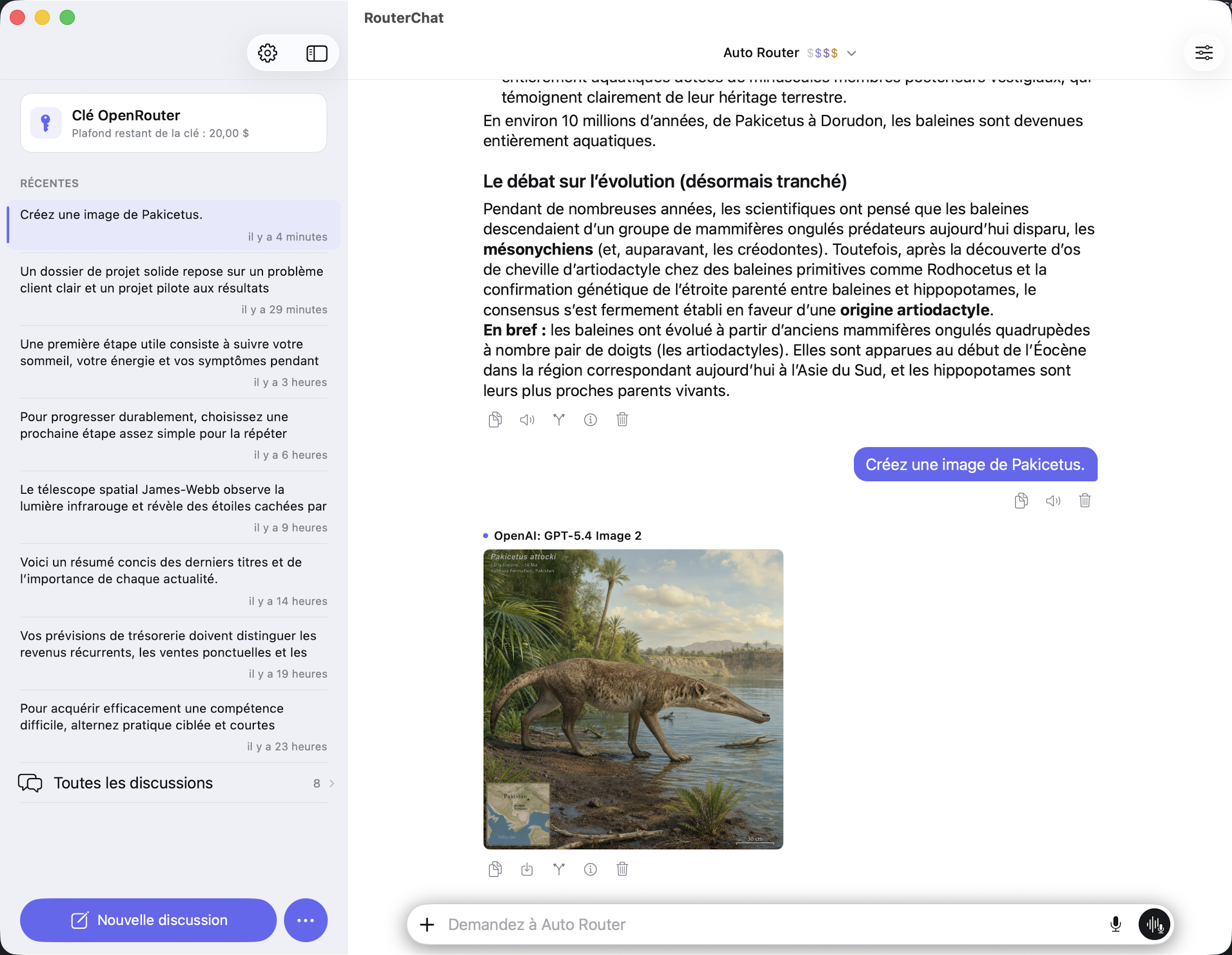 Conversation RouterChat sur Mac avec les chats récents et une image générée
