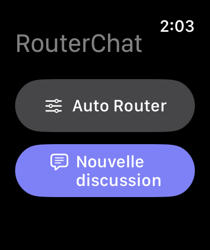 Écran principal de RouterChat sur Apple Watch