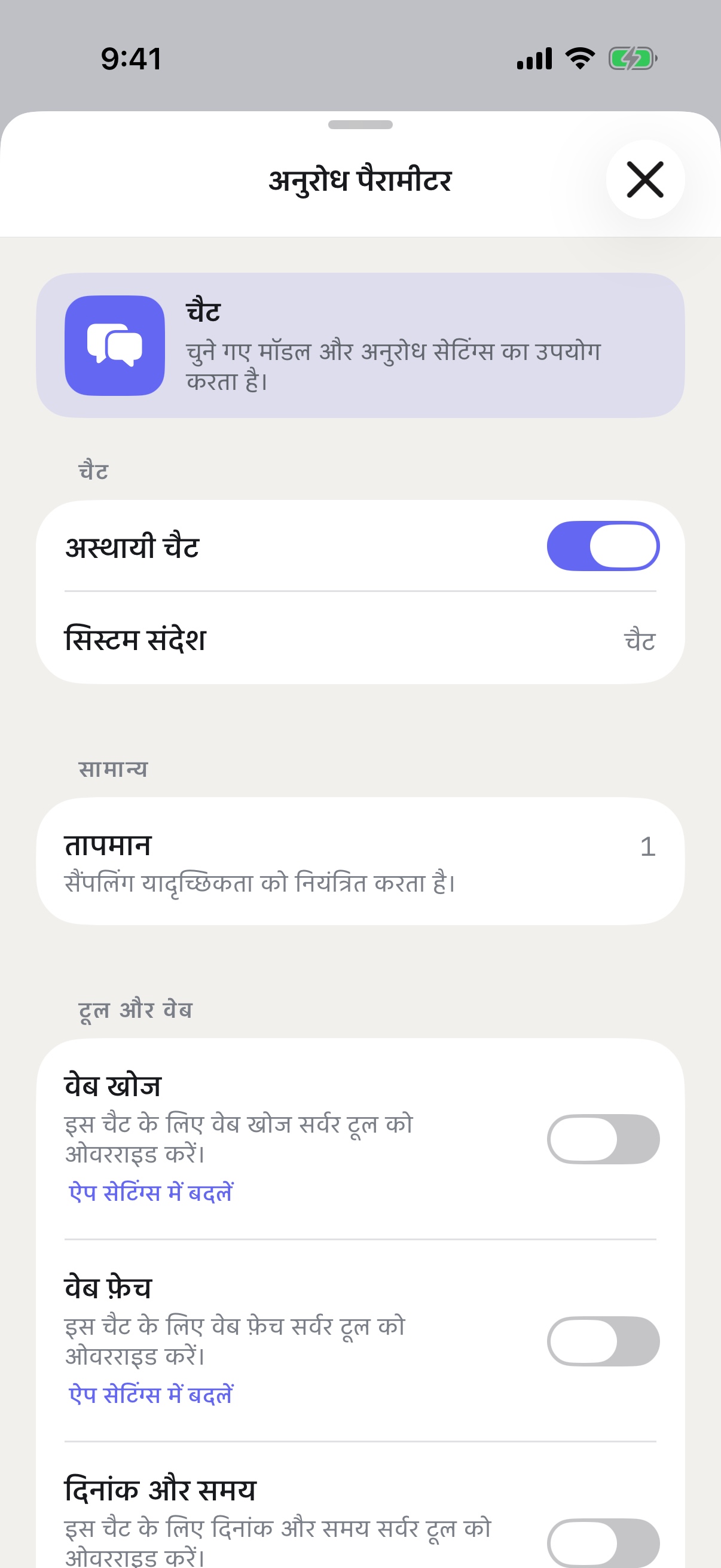 iPhone पर RouterChat के अनुरोध पैरामीटर, अस्थायी चैट चालू होने के साथ