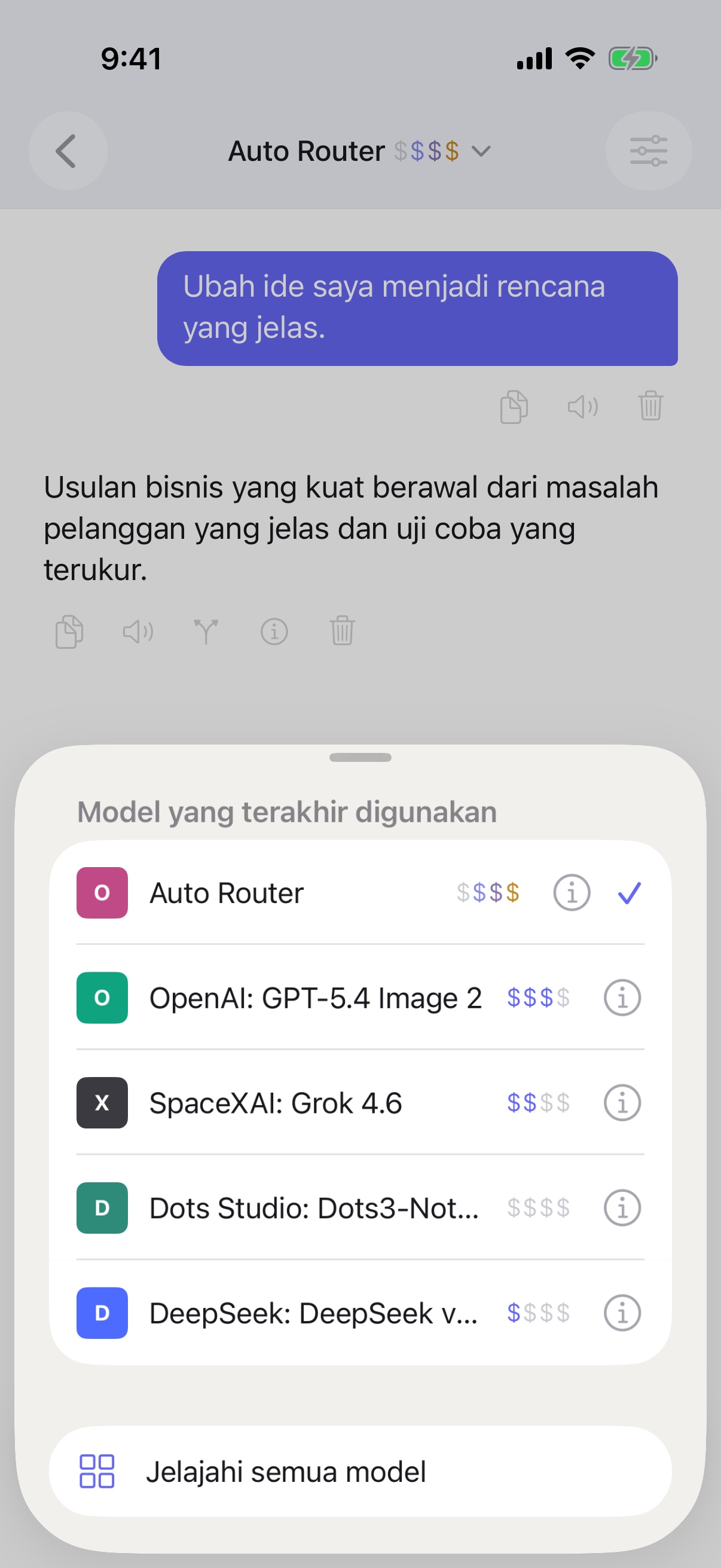 Pemilih model yang baru digunakan di RouterChat pada iPhone