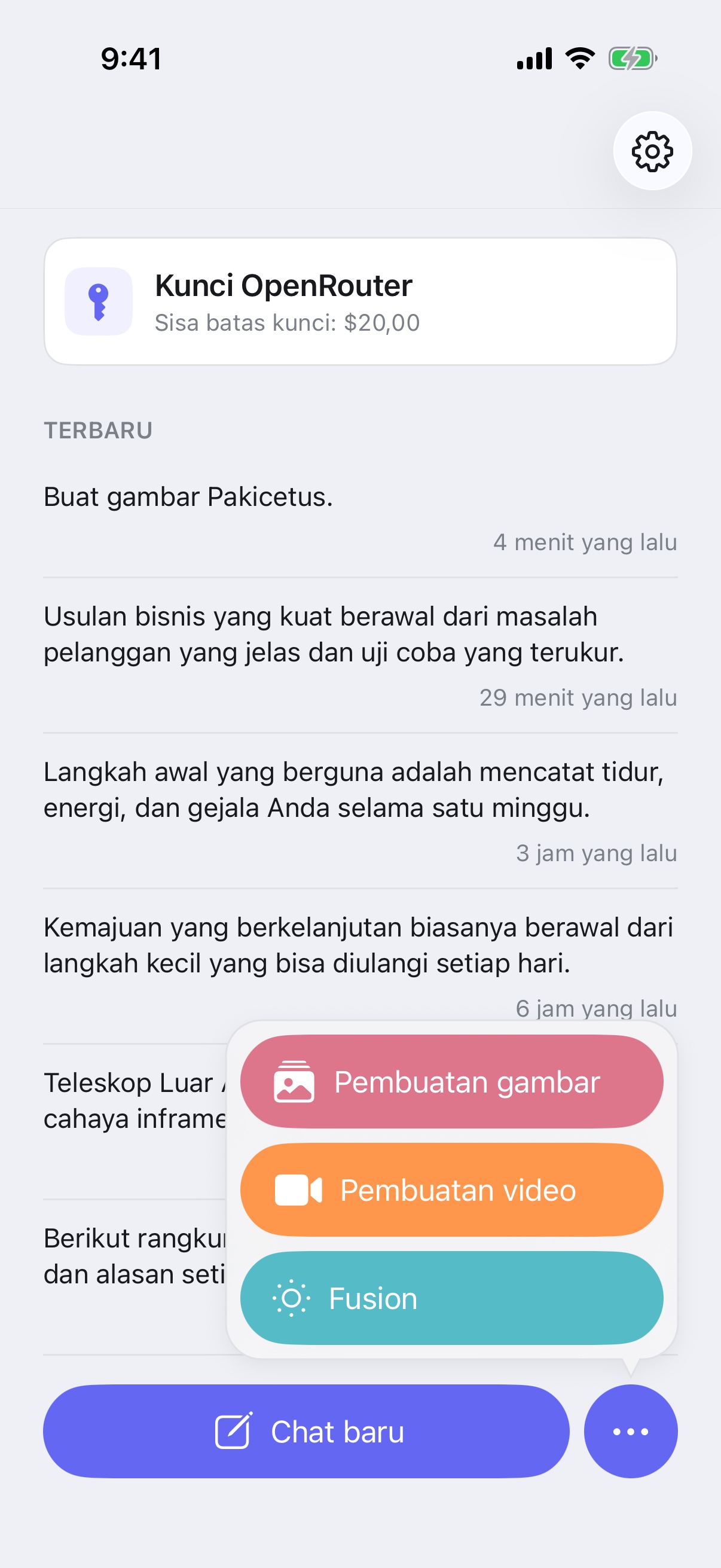 Menu Obrolan Baru RouterChat yang menampilkan mode Pembuatan Gambar, Pembuatan Video, dan Fusion di iPhone