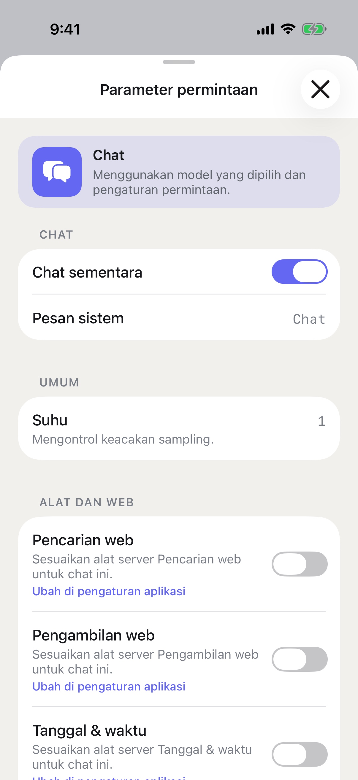 Parameter permintaan RouterChat di iPhone dengan Obrolan Sementara diaktifkan