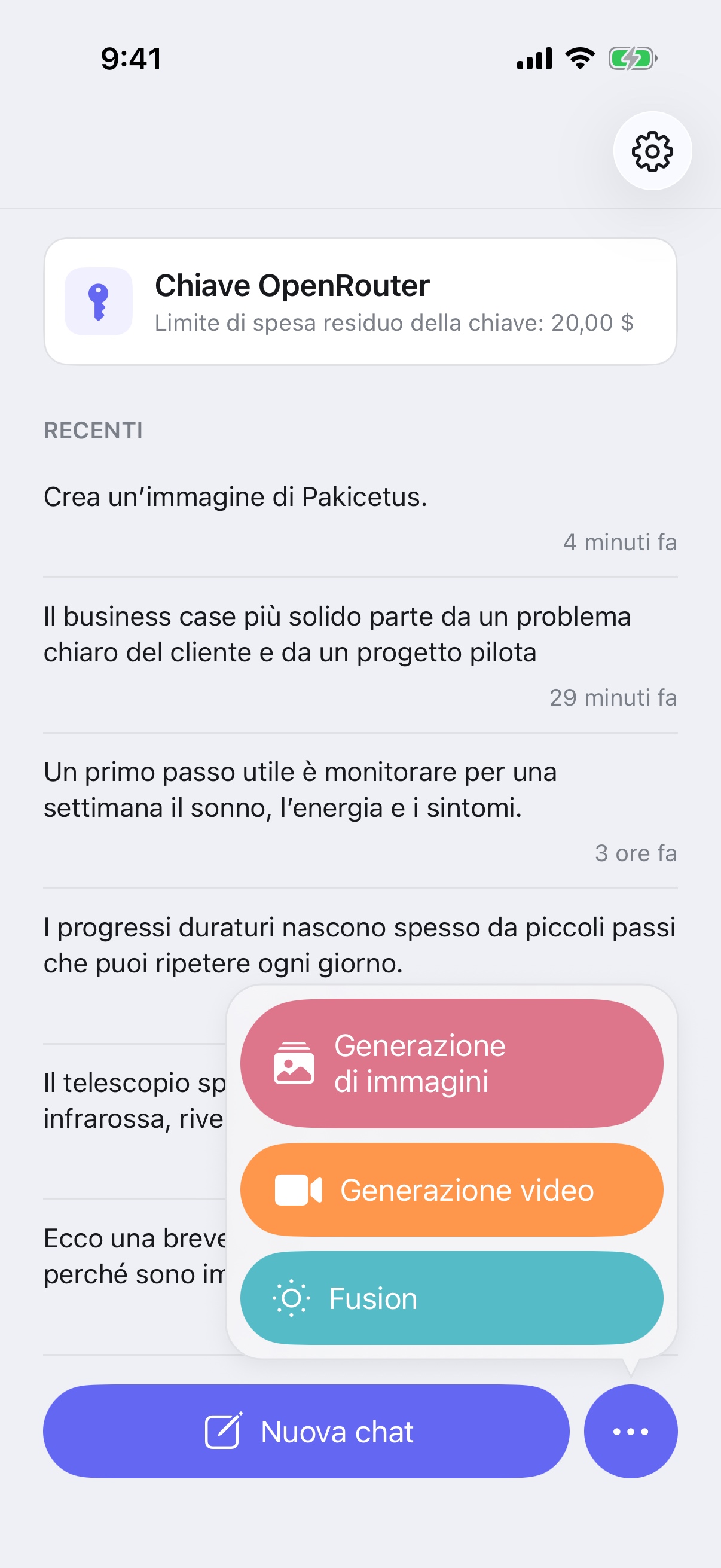 Menu «Nuova chat» di RouterChat con le modalità di generazione di immagini, generazione di video e Fusion su iPhone