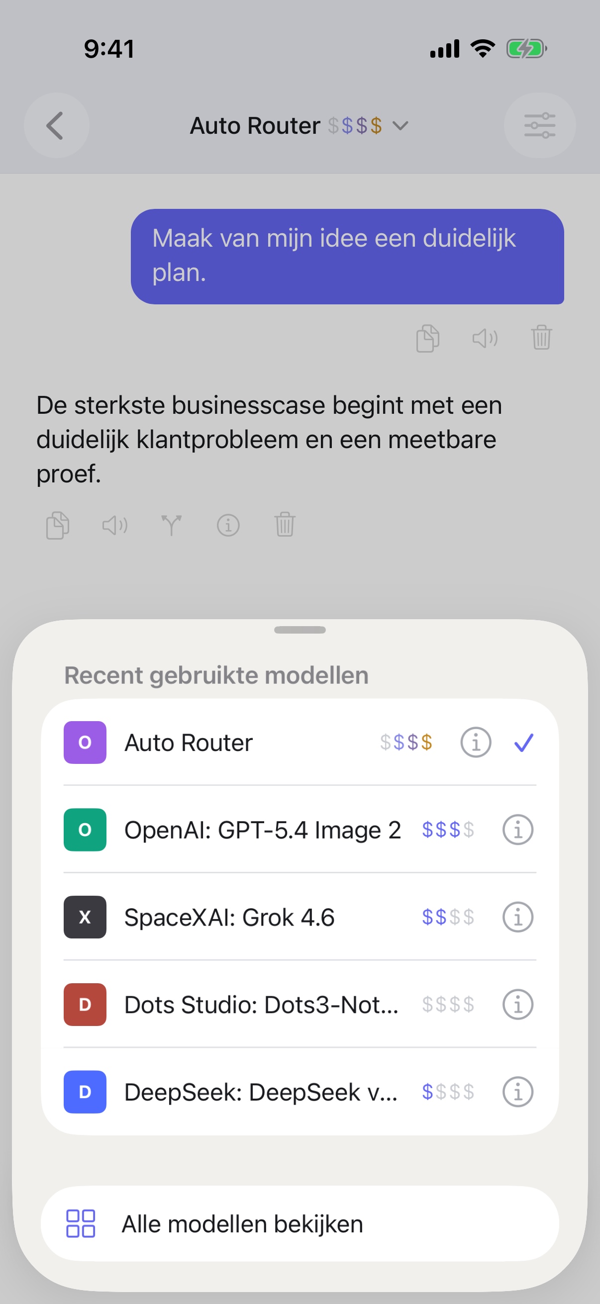 Selector voor recente modellen van RouterChat op iPhone