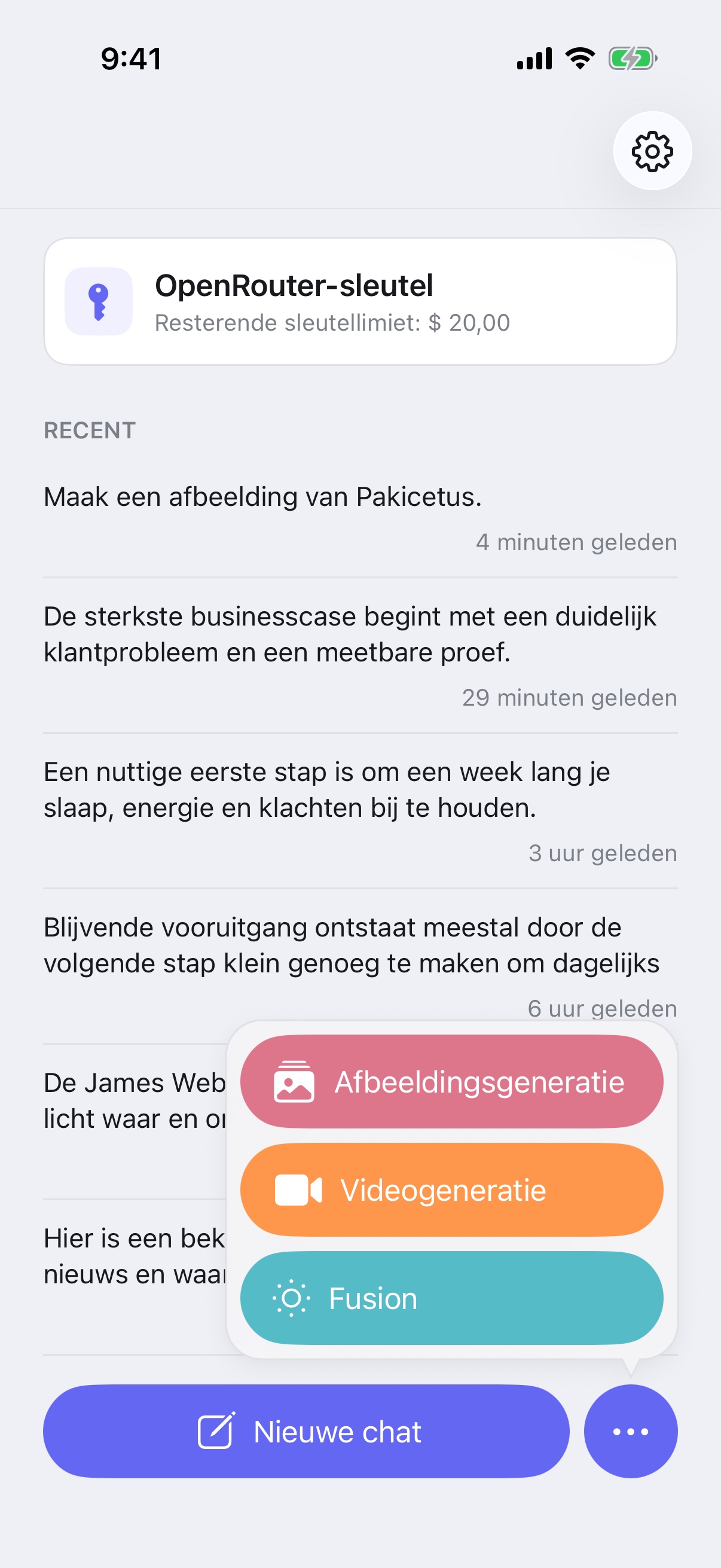 Menu ‘Nieuwe chat’ van RouterChat met de modi Afbeelding genereren, Video genereren en Fusion op iPhone