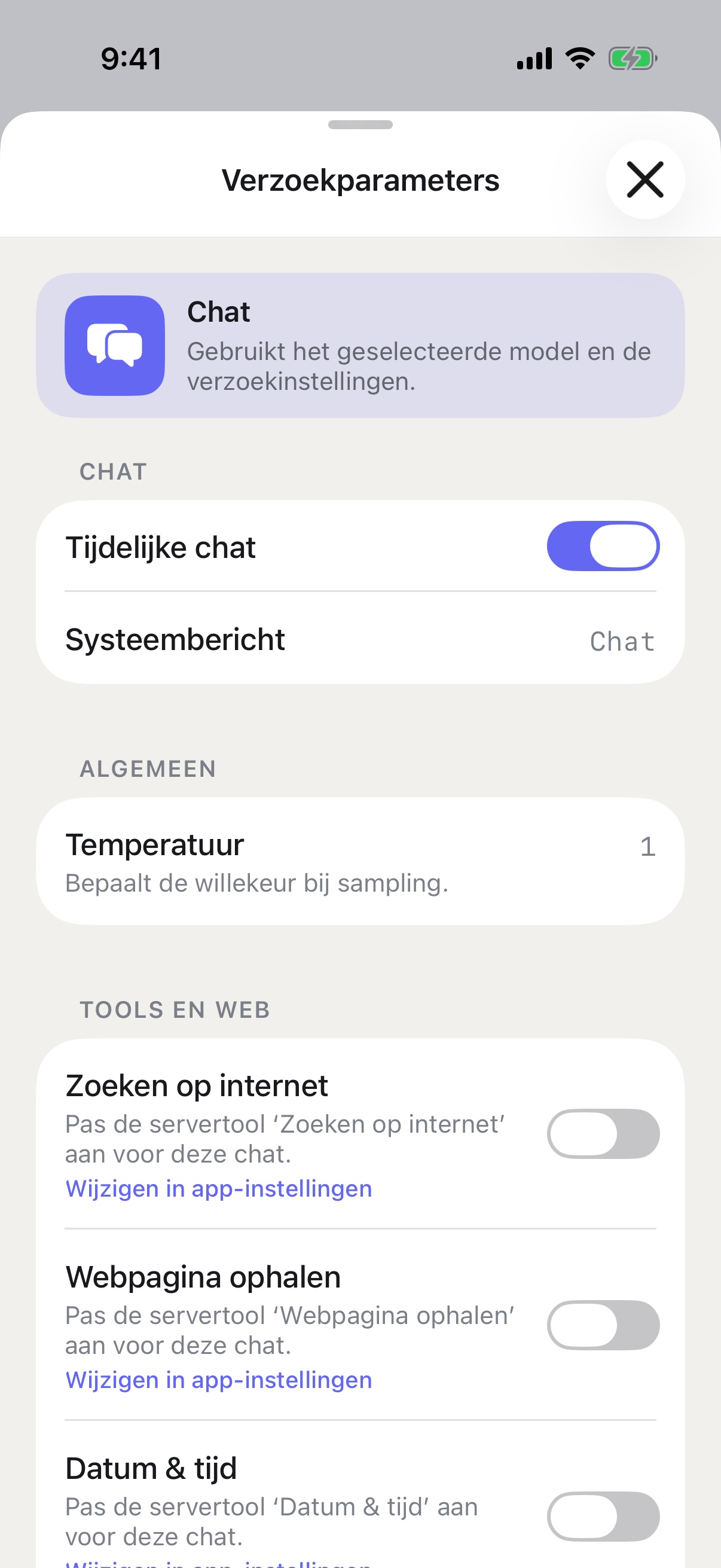 Verzoekparameters van RouterChat op iPhone met Tijdelijke chat ingeschakeld