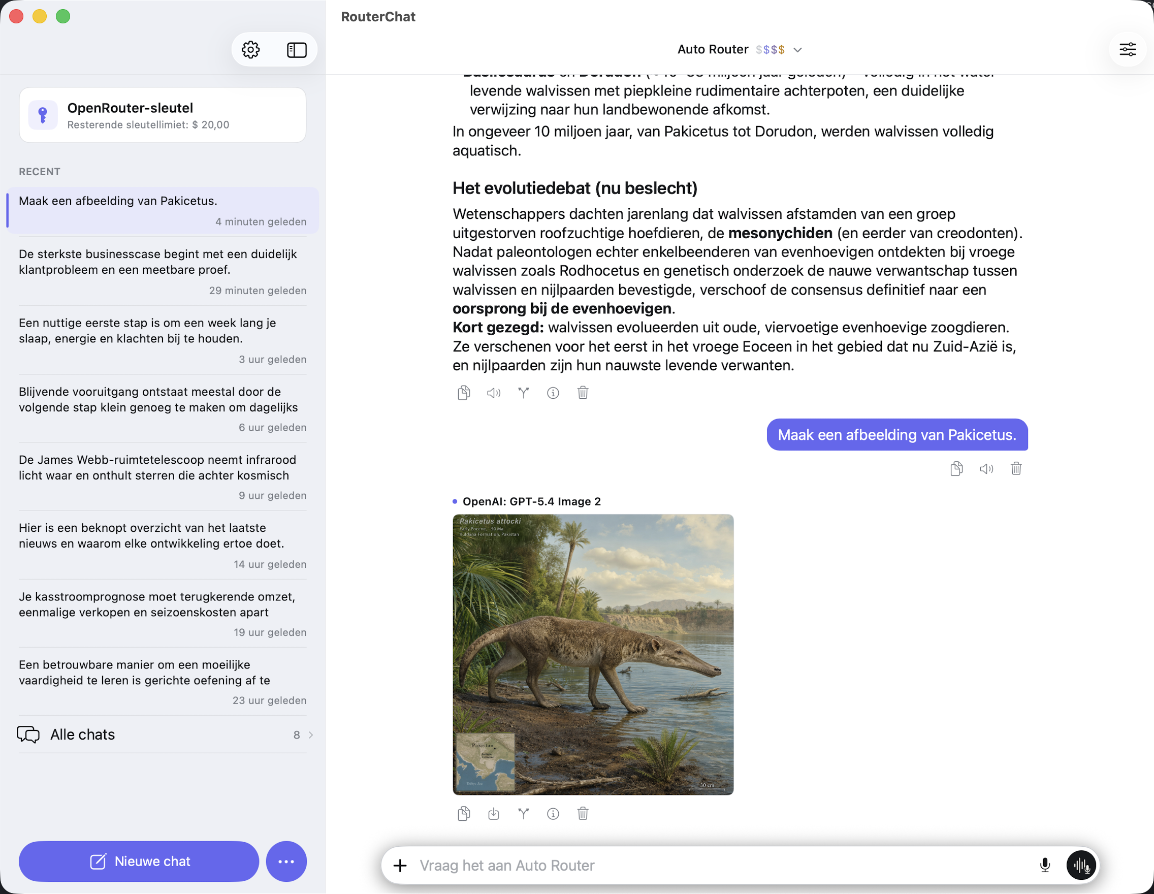RouterChat-gesprek op de Mac met recente chats en een gegenereerde afbeelding