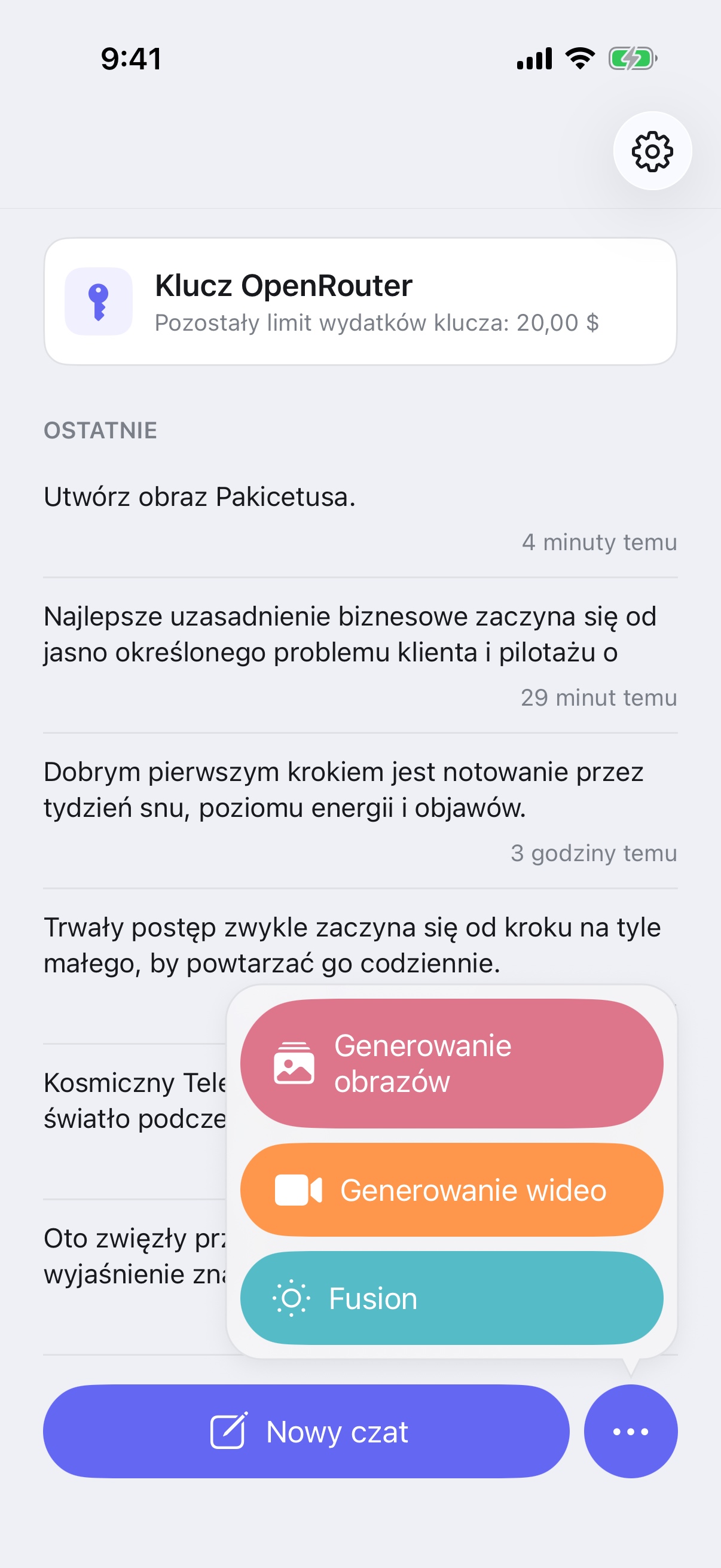 Menu „Nowy czat” RouterChat z trybami generowania obrazów, generowania wideo i Fusion na telefonie iPhone