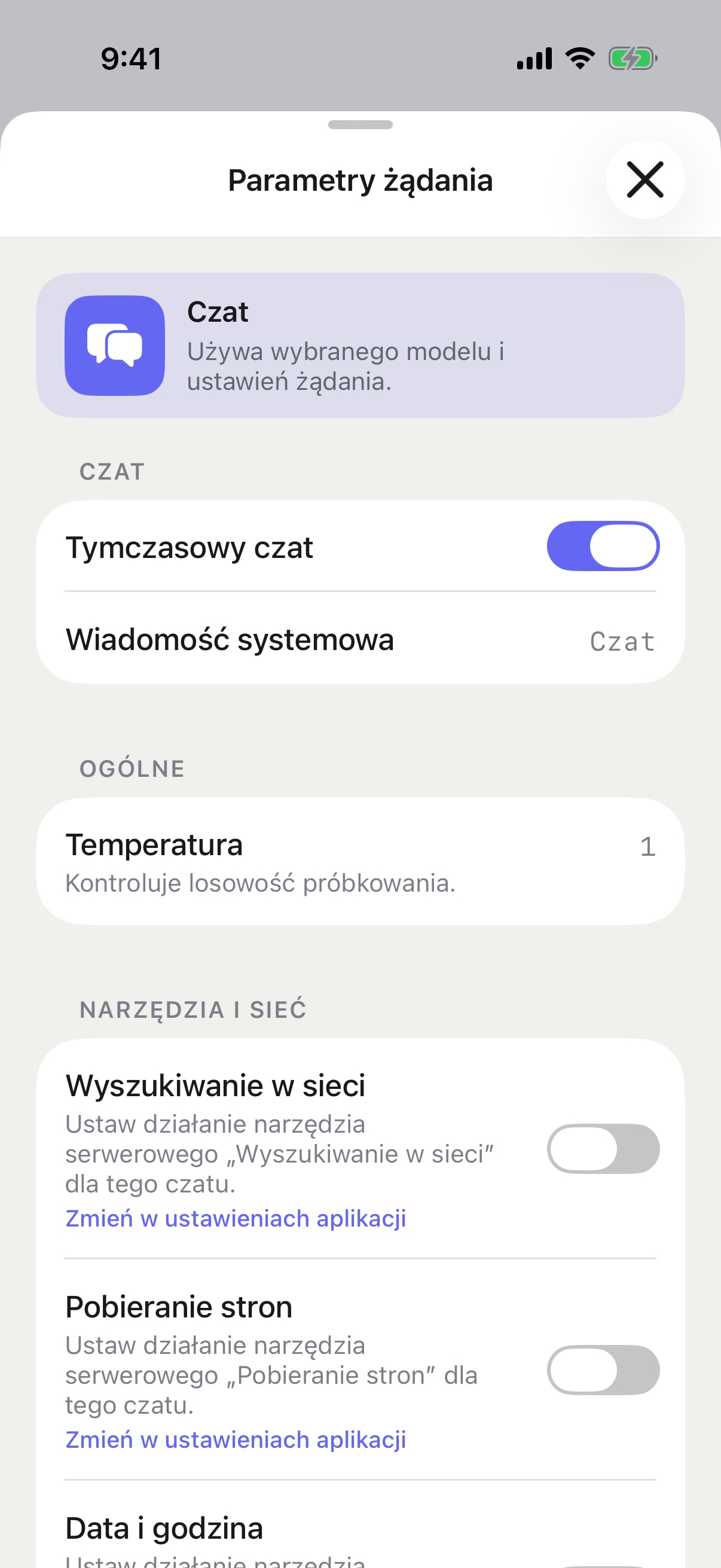 Parametry żądania RouterChat na telefonie iPhone z włączonym Czatem tymczasowym