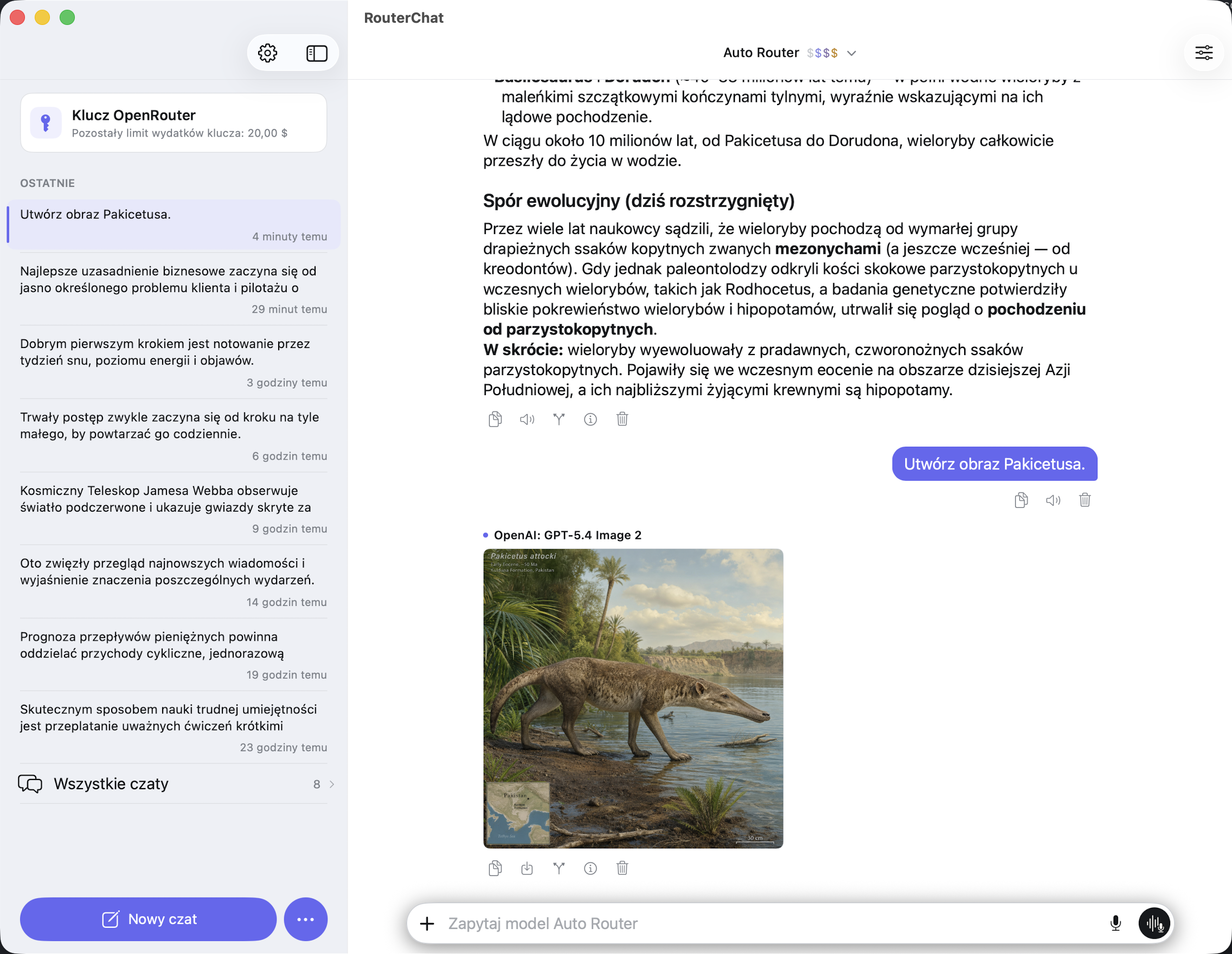 Rozmowa RouterChat na Macu z ostatnimi czatami i wygenerowanym obrazem