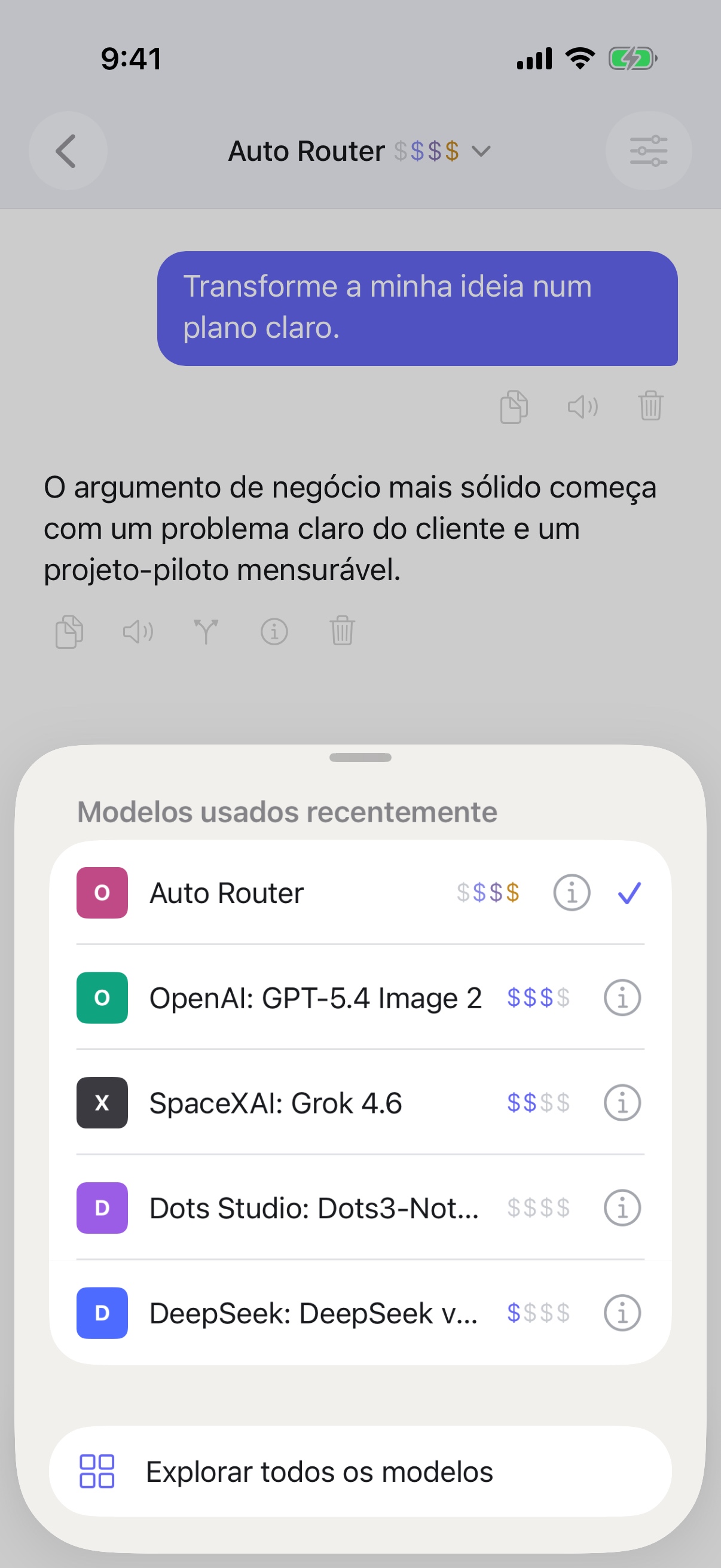 Seletor de modelos recentes do RouterChat no iPhone