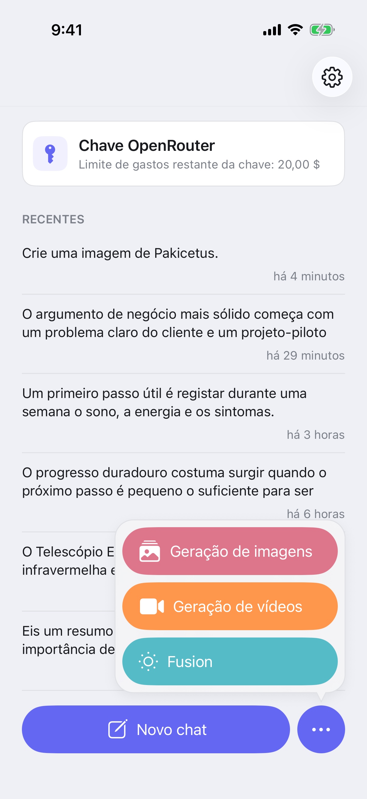 Menu «Nova conversa» do RouterChat com os modos de geração de imagens, geração de vídeo e Fusion no iPhone