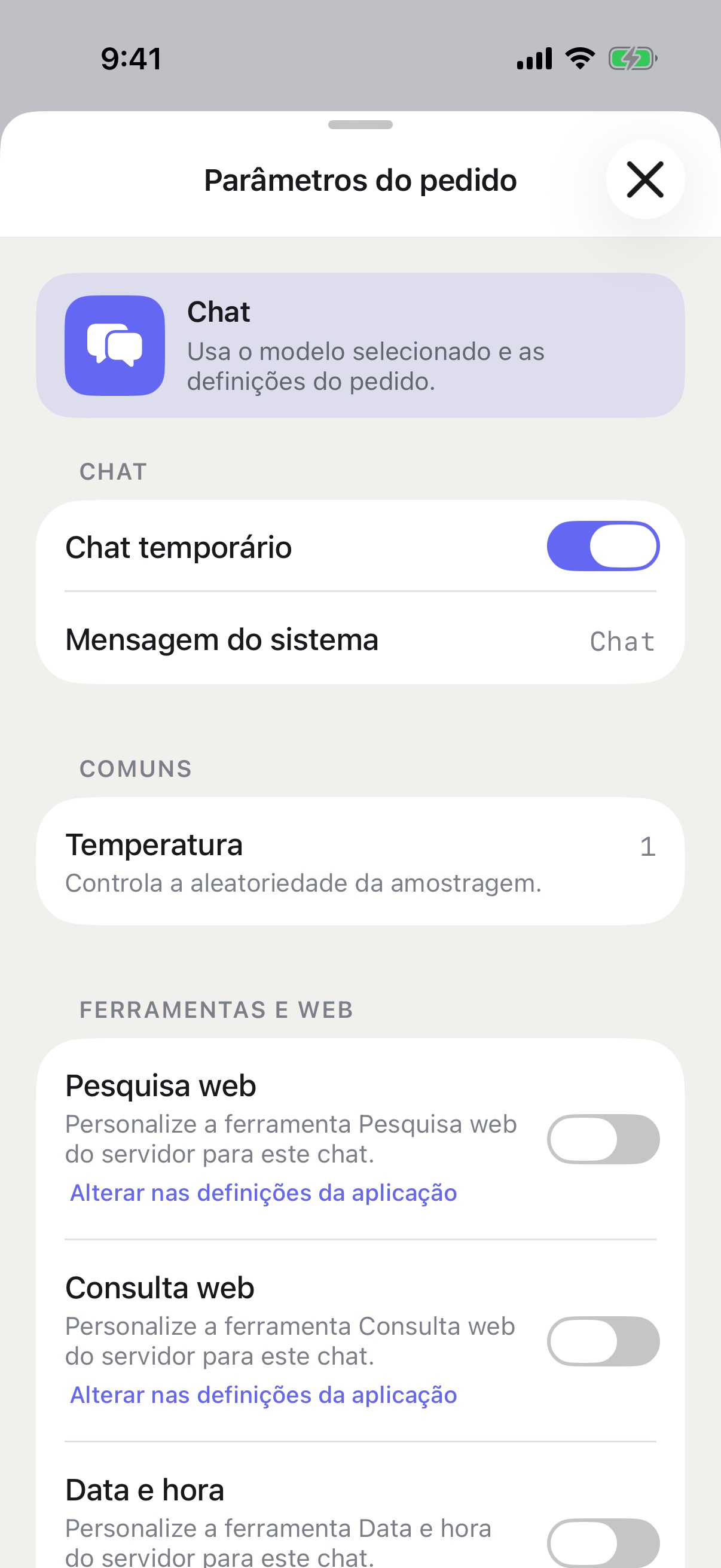 Parâmetros do pedido do RouterChat no iPhone com Conversa temporária ativada