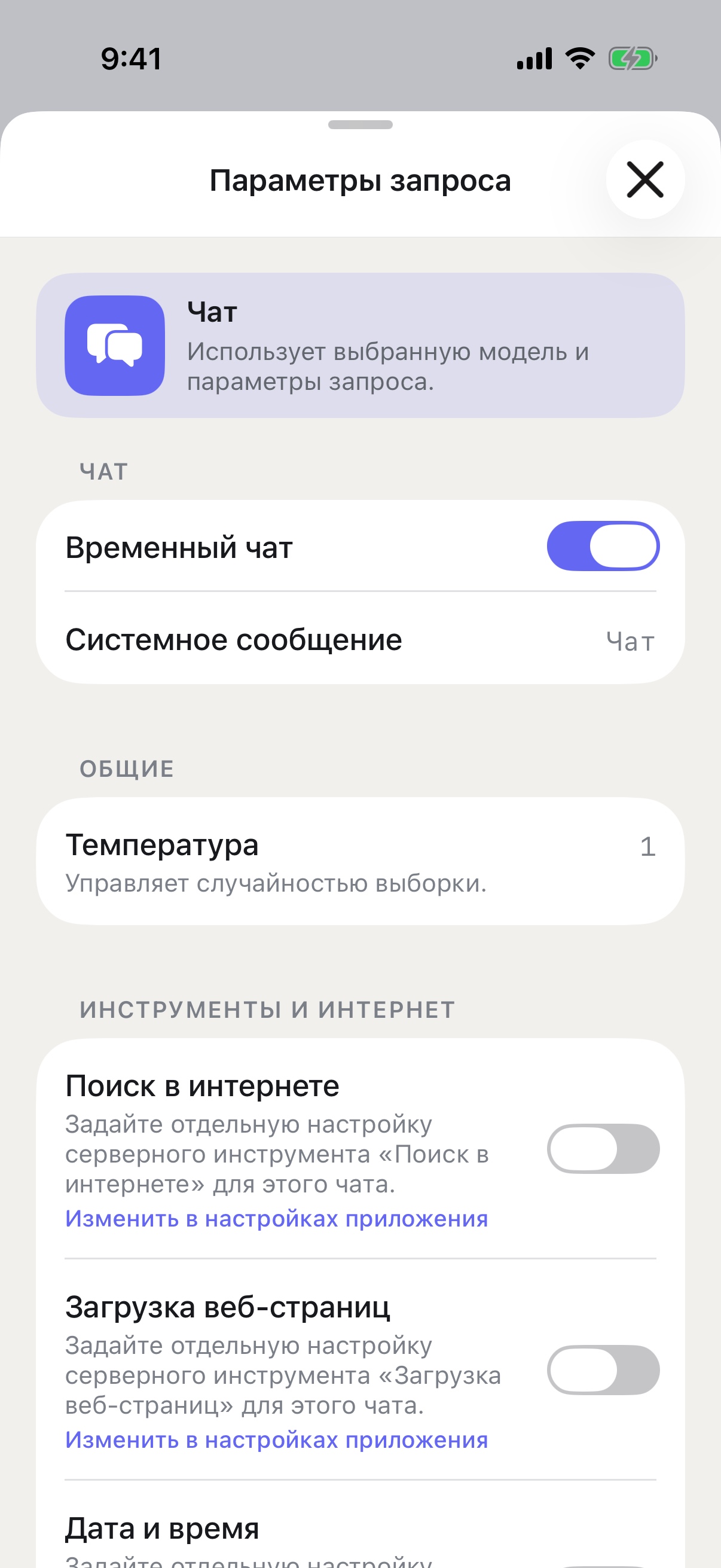 Параметры запроса RouterChat на iPhone с включённым временным чатом