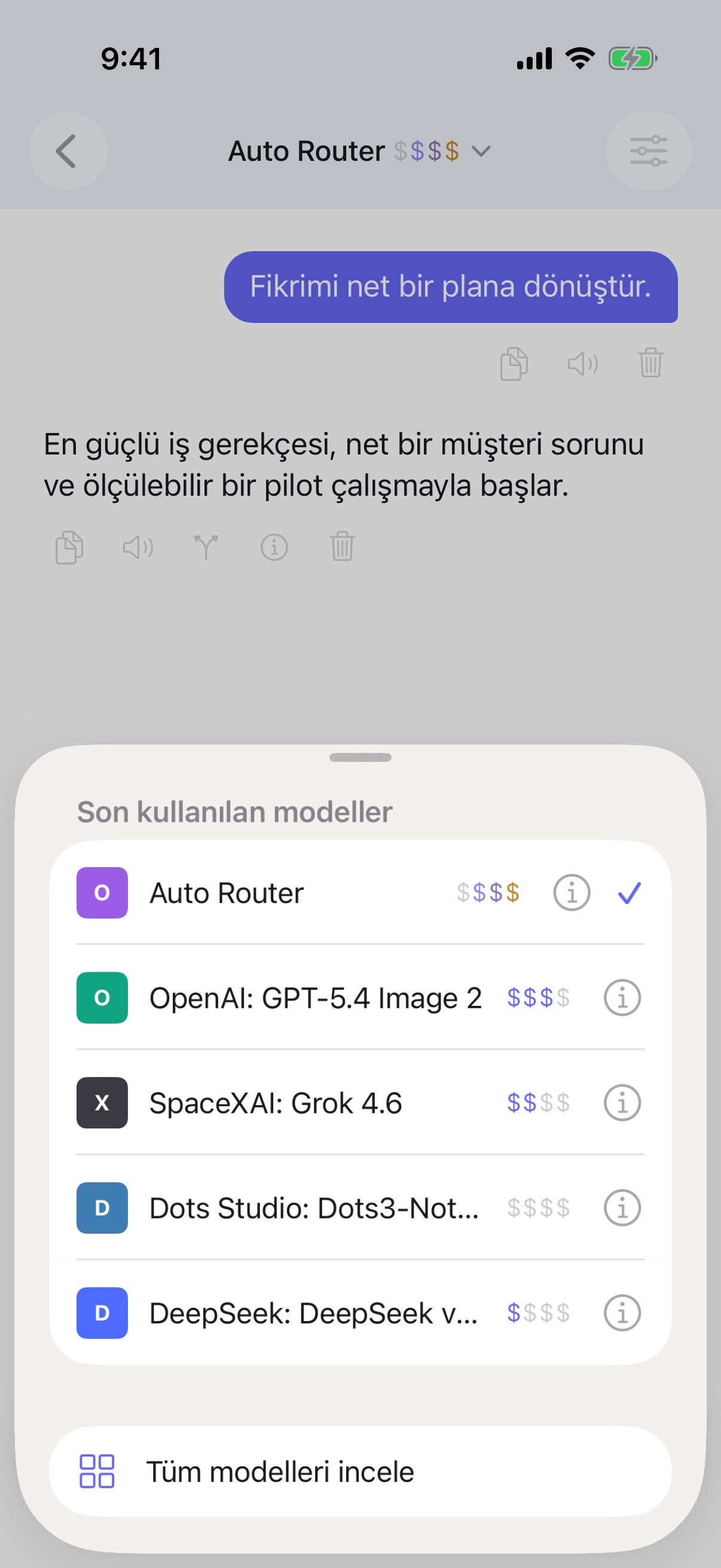 iPhone’da RouterChat’in son kullanılan modelleri seçme ekranı