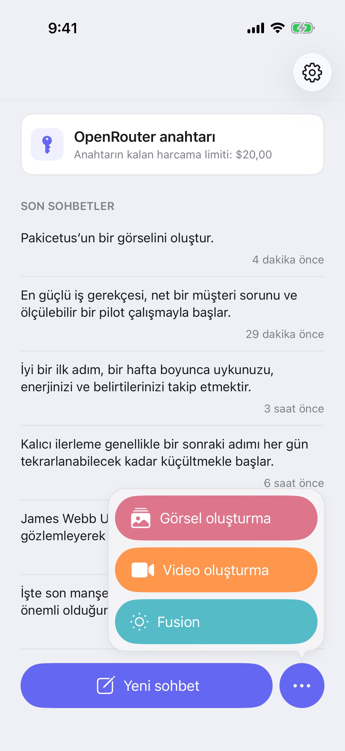 iPhone’da Görsel Oluşturma, Video Oluşturma ve Fusion modlarını gösteren RouterChat Yeni Sohbet menüsü