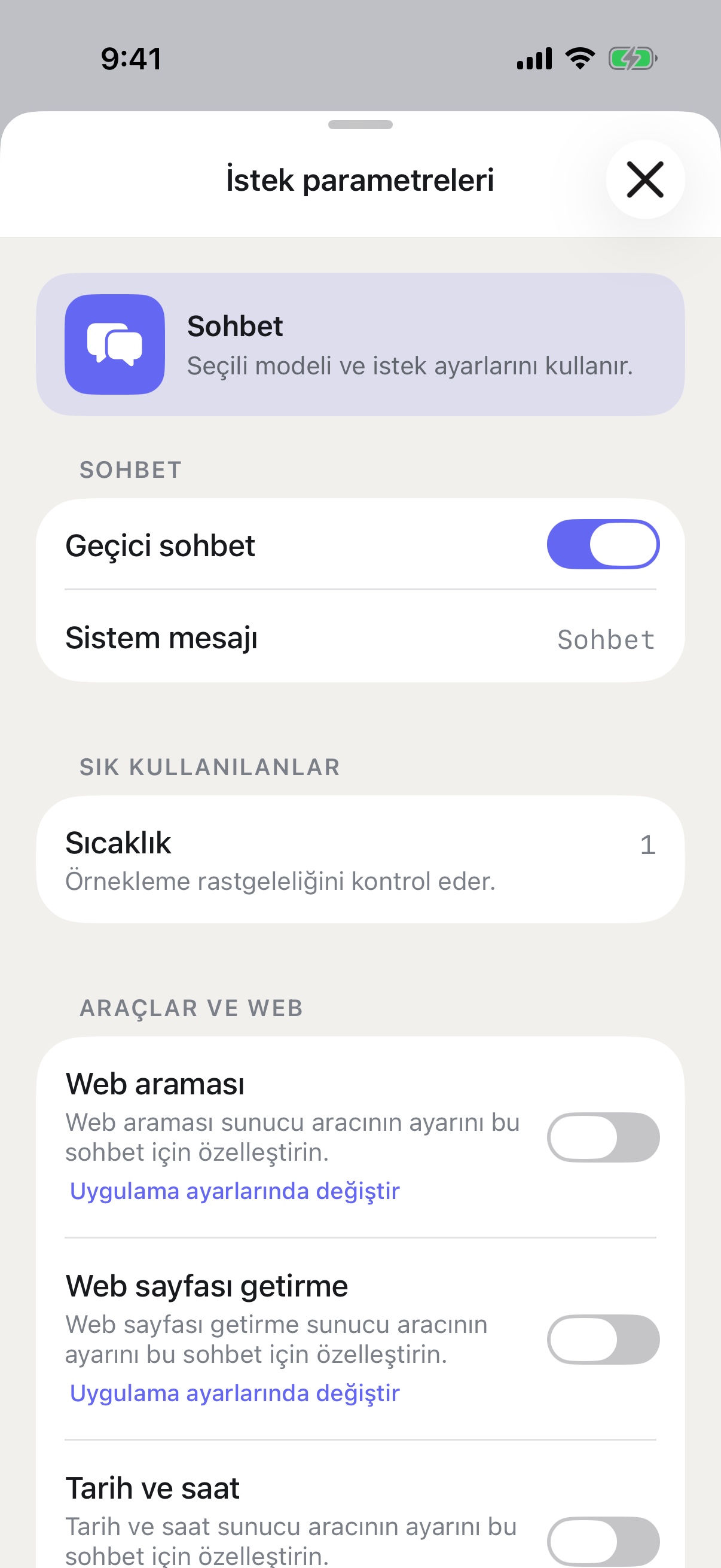 iPhone’da Geçici Sohbet etkinleştirilmiş RouterChat istek parametreleri