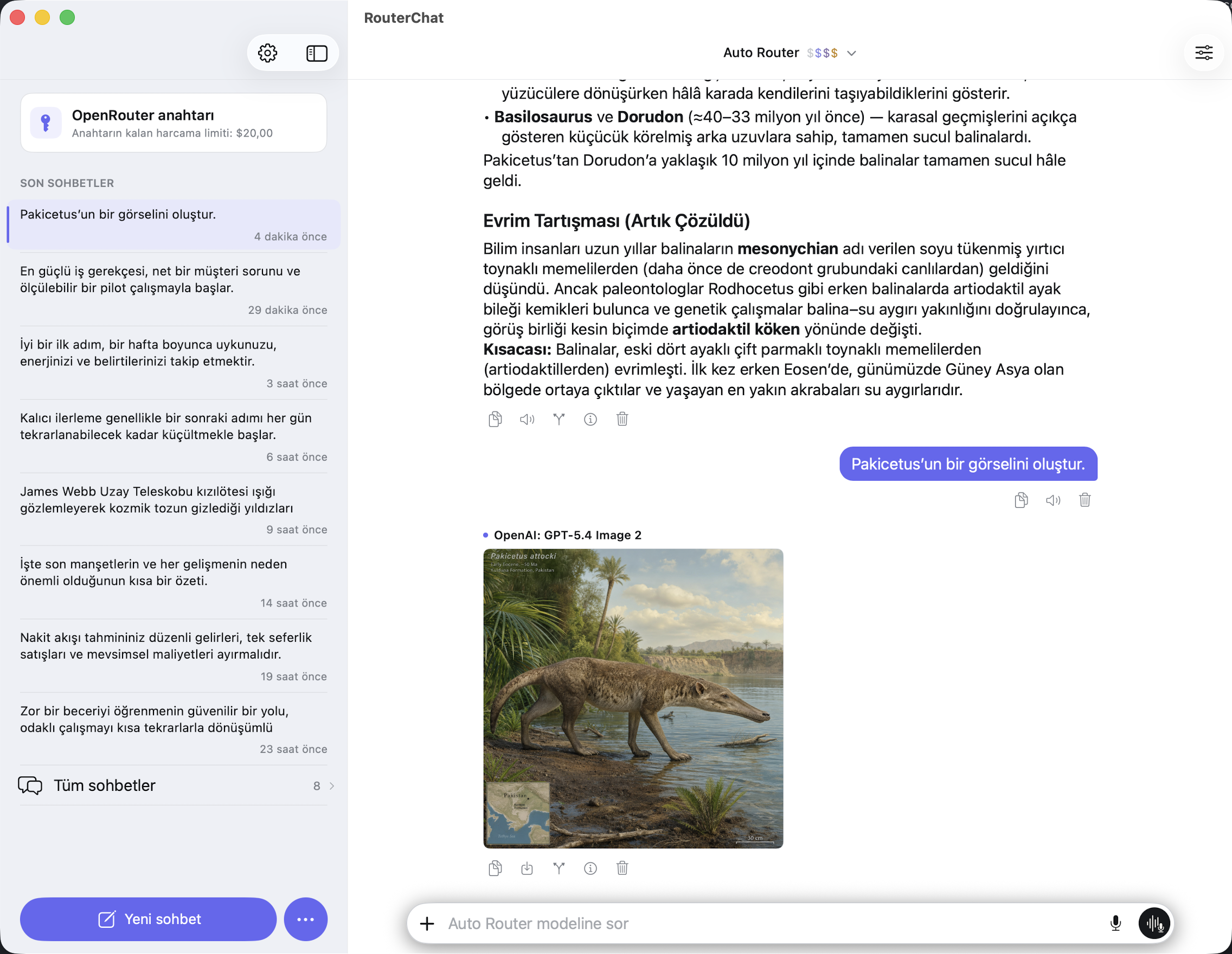 Mac’te son sohbetlerin ve oluşturulan bir görselin bulunduğu RouterChat konuşması