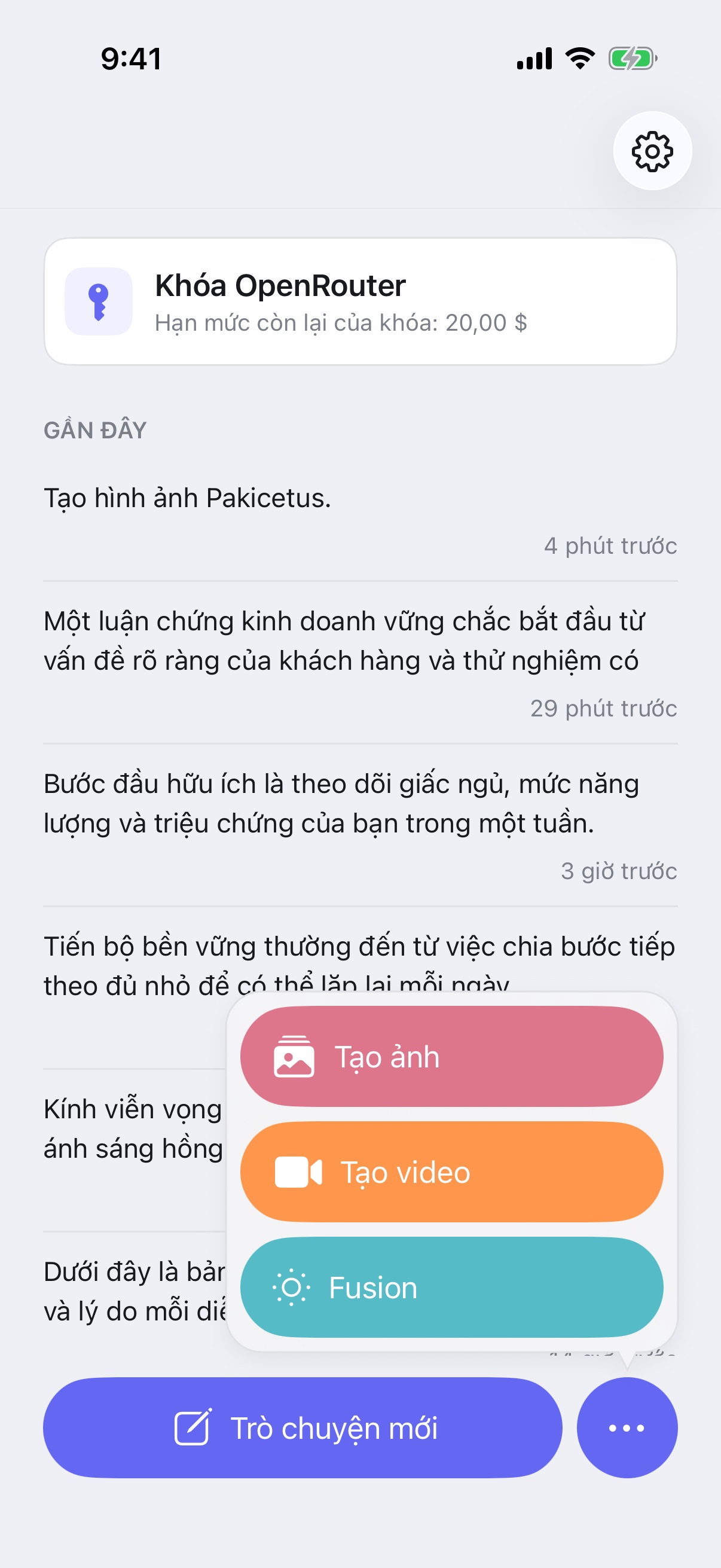 Menu Trò chuyện mới của RouterChat trên iPhone hiển thị các chế độ Tạo hình ảnh, Tạo video và Fusion